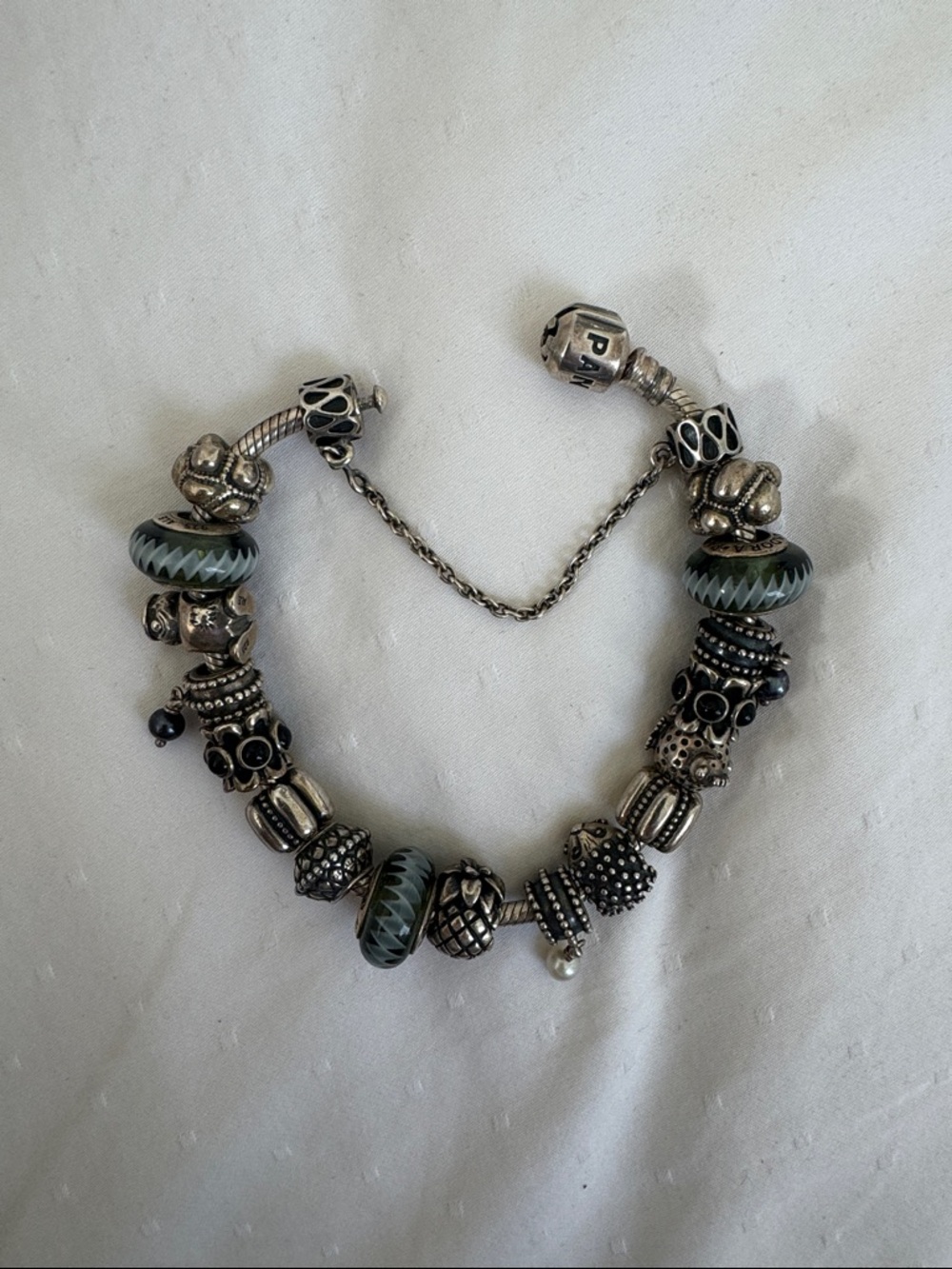 Pandora Retired Sterling Silver Charm Bracelet with Blue-Gray Glass Accents